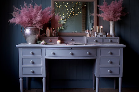 Design the interiors of a home with a feminine and romantic touch, featuring soft colors, floral patterns, and wooden furniture.の素材
