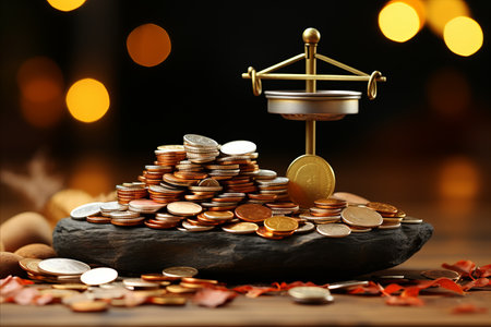 Financial Success. Image of scales tipping in favor of money, overshadowing the essence of lifeの素材
