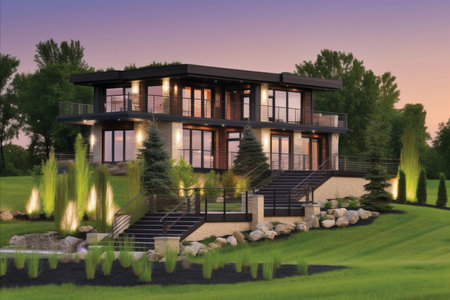 Design of a house with modern designer trends, emphasizing clean lines and forms, and the use of modern technologies.の素材