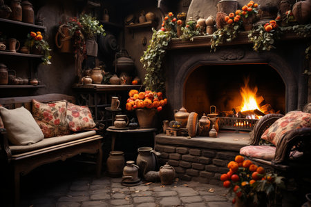 Design a room in a house in ancient slavic style with abundant use of wood, overlooking a winter street.の素材