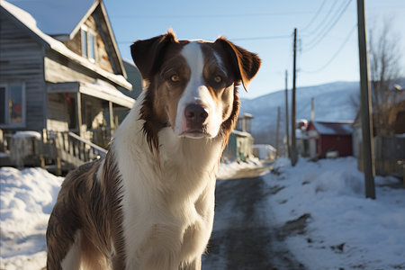 Gorgeous Pedigreed Multicolored Dog in Thrilling Snowy Race through Charming Scandinavian Streetの素材