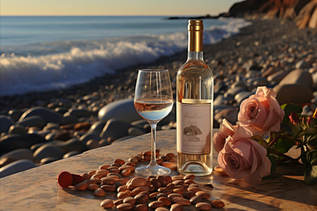 Bottle of white wine with rose and pebbles on the beachの素材