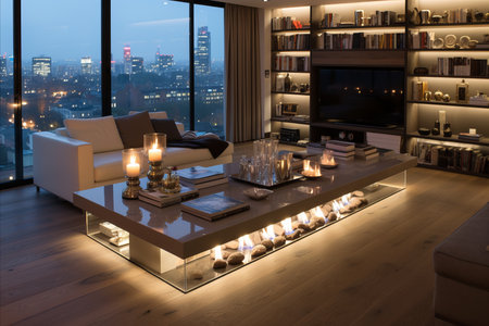 3d rendering of a modern living room with a panoramic city viewの素材