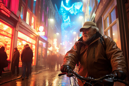 A man in a wheelchair navigates the city streets at night, capturing the solitude and resilience of his journey.の素材