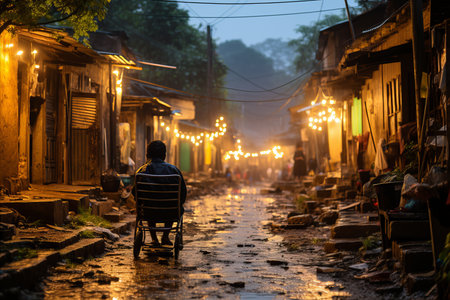 Weathering the Storm. Resilient disabled man navigating rain-soaked evening streets in wheelchairの素材