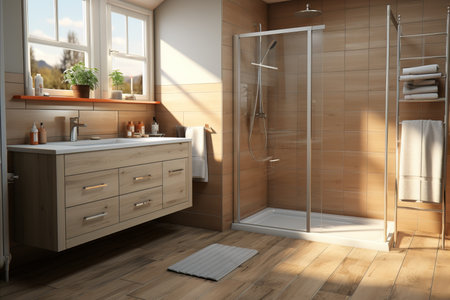 Design a futuristic bathroom in a house with a street view, incorporating sleek, modern fixtures and innovative technology for an ultra modern and luxurious feel.の素材