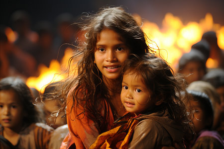 Portrait of a cute little girl with her sister in the fireの素材