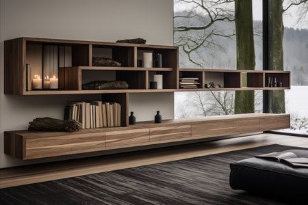 Design spacious areas, clean lines, functional furniture, use of wood and textiles.の素材