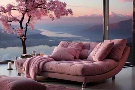 Design a Japanese style room in a house with a view of the street where cherry blossoms are blooming.の素材