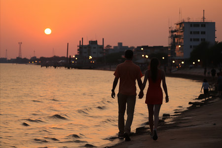Silhouette of a young couple walking on the beach at sunsetの素材