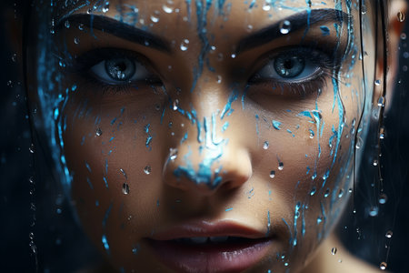 Close-up portrait of a beautiful woman with blue eyes and wet hairの素材