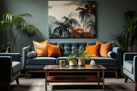 Interior of modern living room with blue sofa, coffee table and palm tree. 3d renderの素材