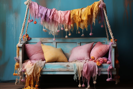 Interior of children's room decorated with pillows and garlandsの素材