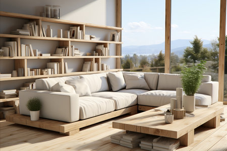 Interior of modern living room with wooden furniture, 3d renderの素材