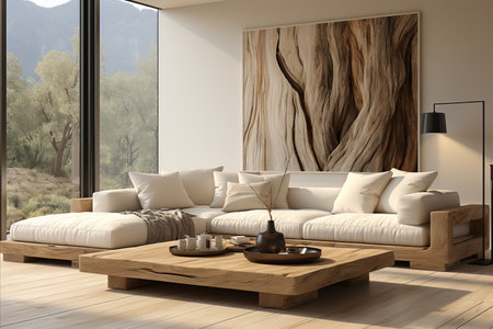 Interior of modern living room with white walls, wooden floor, comfortable white sofas and coffee table. 3d renderingの素材