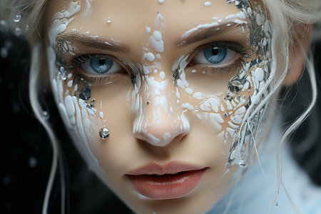 Close-up portrait of a beautiful girl covered with white paint.の素材