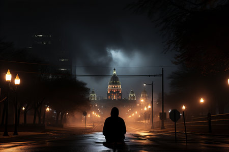 Silhouette of a man sitting on the street at night with a view of the building in the backgroundの素材