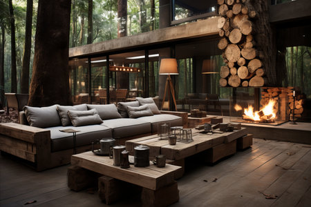 Design a futuristic style room with a fireplace, blending wood and modern technology in the interior, offering a view of the street with trees.の素材