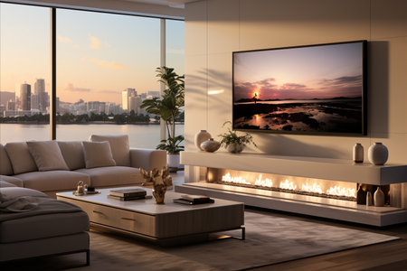 Design a futuristic scandinavian style room with a fireplace and a street view for the prompt.の素材