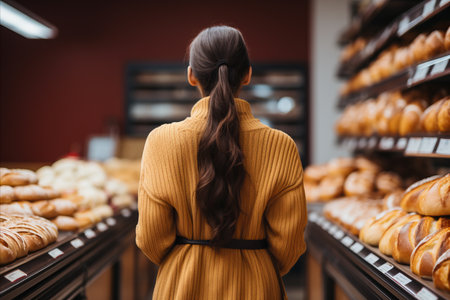 Rear view of young woman choosing bread in bakery. She is standing in front of shelves with bread.の素材