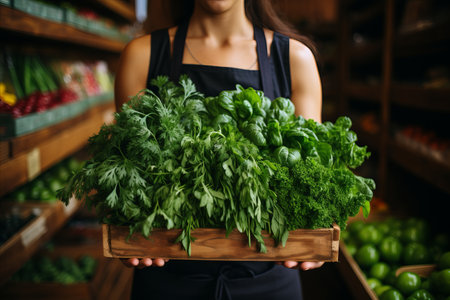 Young woman holding a box of fresh herbs on the background of the supermarketの素材