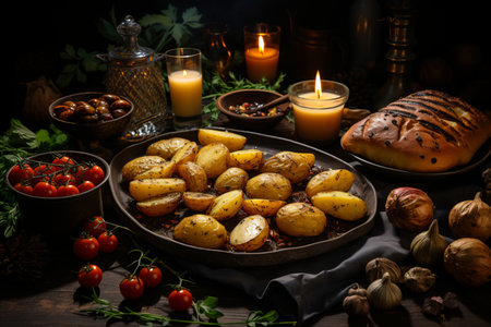 Fried potatoes with spices and fresh tomatoes on a wooden table.の素材
