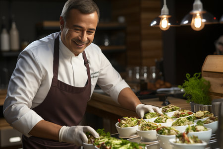 Portrait of a smiling male chef preparing salad in a restaurant.の素材