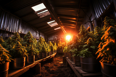 Plantation of marijuana plants in pots in a greenhouse.の素材