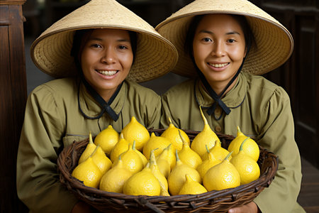 Portrait of two Vietnamese women holding a basket full of fruitsの素材