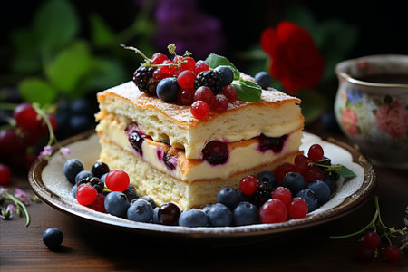 Piece of cake with berries on a plate on a wooden tableの素材