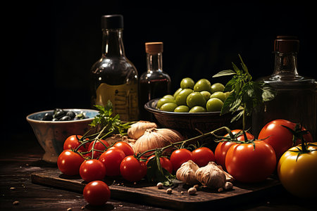 Still life with fresh tomatoes, olive oil, garlic and spices on a wooden tableの素材