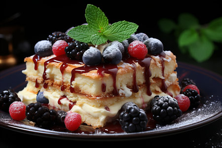 Delicious tiramisu with fresh wild berries on rustic wooden table for irresistible sweet temptationsの素材