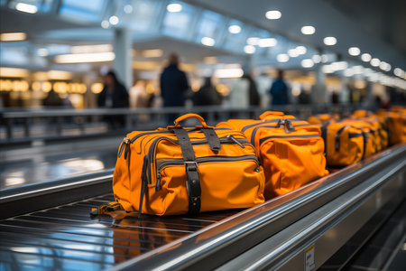 luggage conveyor belt with suitcases at the airportの素材