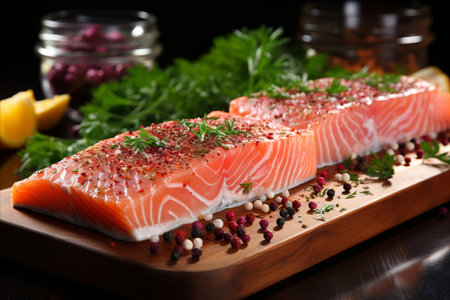 raw fish on a board with vegetables herbs and spicesの素材