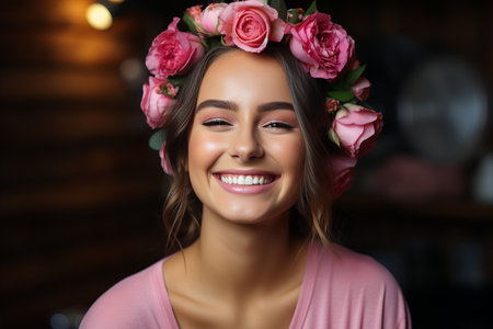 Beautiful young woman with flower wreath on her head in cafeの素材