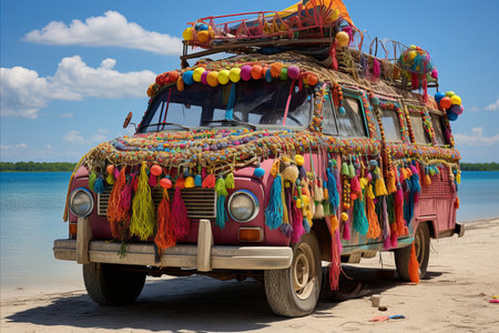 a tourist bus takes tourists on vacation to the seaの素材