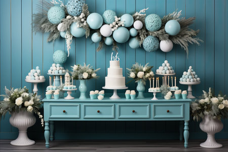 Blue vintage room decorated with blue and white flowers and cake. 3d renderingの素材