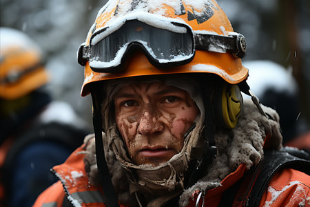 Portrait of a fireman in an orange jacket and a helmetの素材