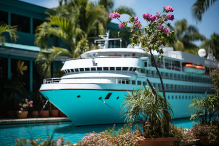 A cruise ship with tourists and a swimming pool drifts into the sea near an exotic islandの素材