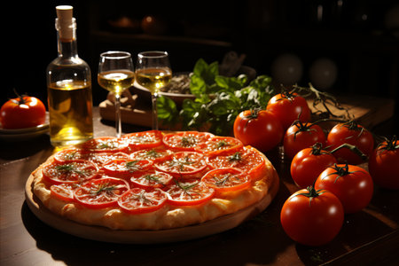 Pizza with tomatoes and mozzarella cheese on a wooden tableの素材