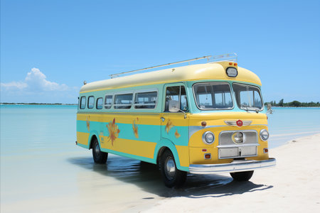 Vintage bus on the beach in Cayo Largo, Cubaの素材