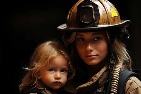 Portrait of a mother and her daughter in a firefighter uniform.の素材