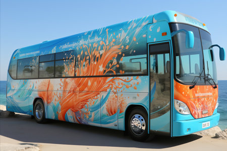a tourist bus takes tourists on vacation to the seaの素材
