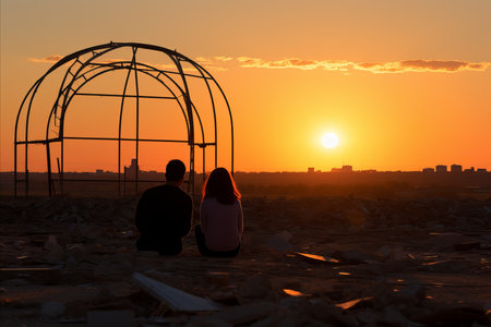 Young couple sitting on the roof of a building and looking at the sunsetの素材