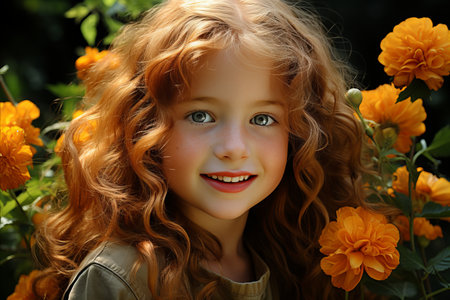 portrait of a beautiful little girl with long curly hair in the gardenの素材