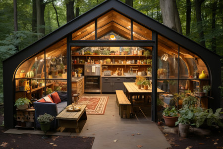 A gazebo in the shape of a house in the forestの素材