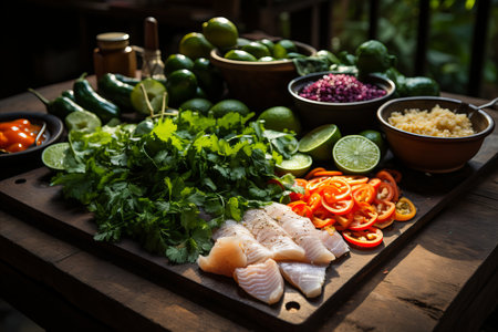 raw fish on a board with vegetables herbs and spicesの素材