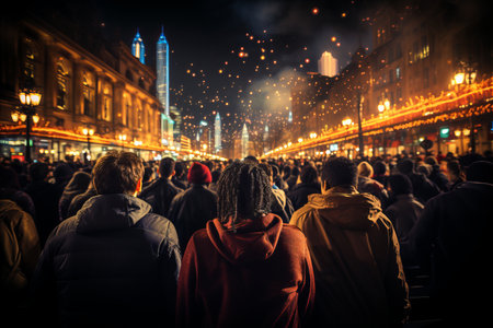 a group of people on the background of glowing buildings at nightの素材