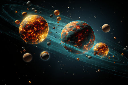a universe with planets, stars and space satellites.A cluster of planets, black holes in spaceの素材