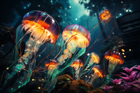 a flock of colorful jellyfish under water, in the dark, glow in different colorsの素材